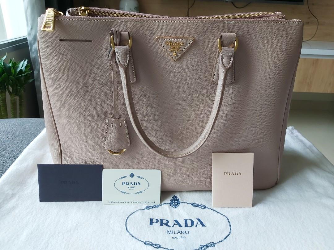 Prada Beige Saffiano Lux Leather Double Zip Large Tote Bag BN1786