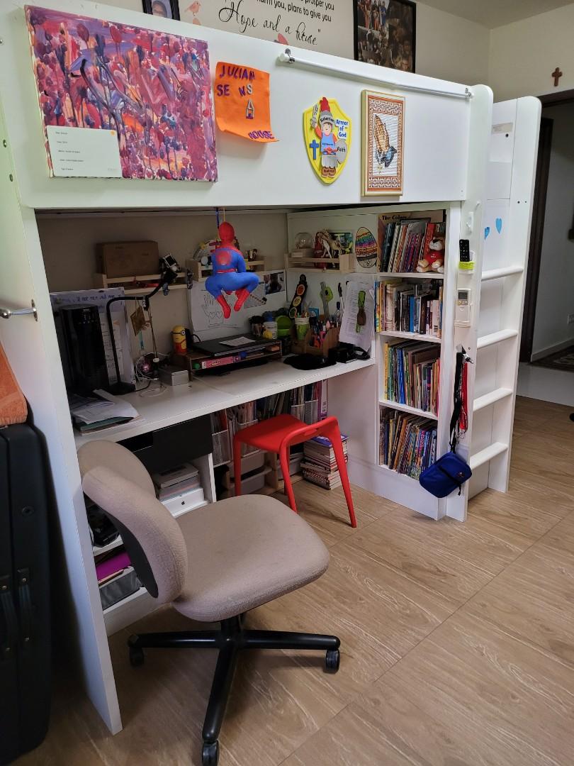 SMASTAD Loft Bed with drawers and doors, white, Furniture & Home Living