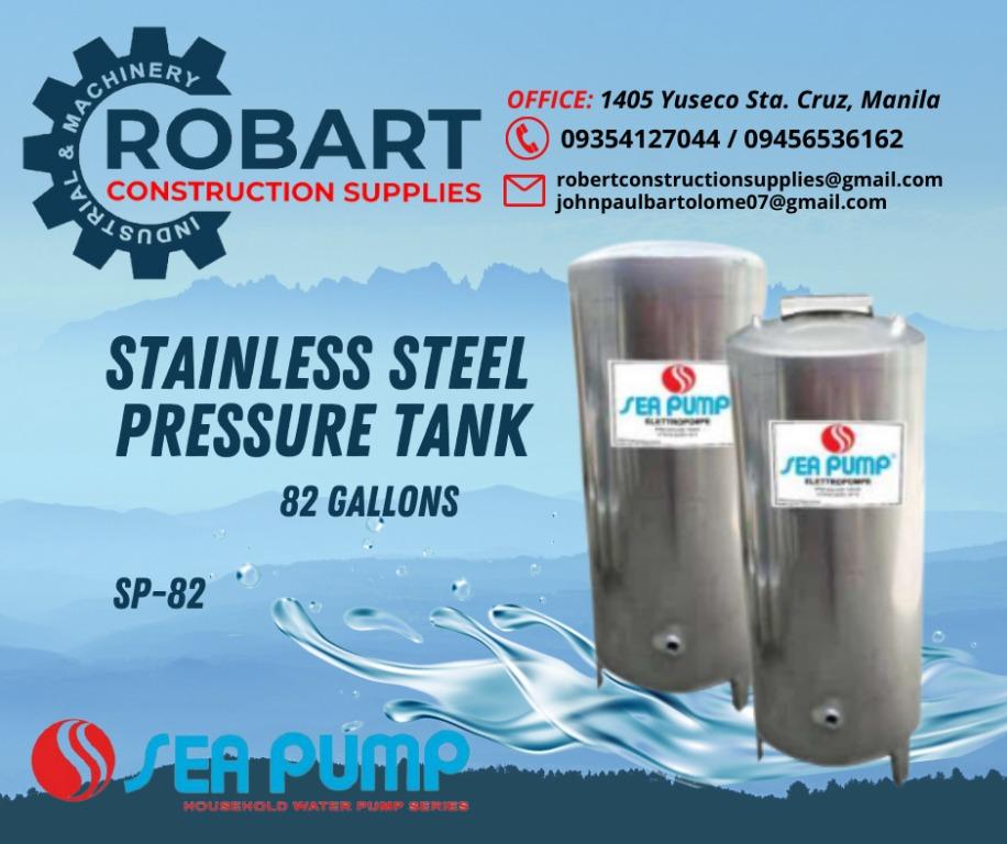 STAINLESS STEEL PRESSURE TANK (Category: Construction Tools & Equipment) located in Manila. Submitted by bellarobart (Listing ID 1144933069, Image 3). Description: STAINLESS STEEL PRESSURE TANK Brand: SEA PUMP Model: Price: 12gal. / GP-12 w/ base 5,700 21gal. / GP-21 w/ base 7,900 21gal. / GP-21 w/o base 6,800 42gal. / GP-42 10,550 82gal. / GP-82 w/o base 16,500 120gal. / GP-120 36,300 -The price depends on the model. 𝑹𝑶𝑩𝑨𝑹𝑻 𝑪𝑶𝑵𝑺𝑻𝑹𝑼�