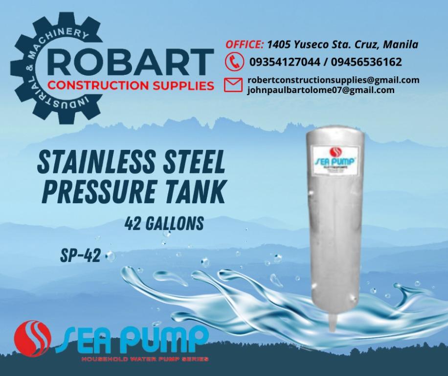 STAINLESS STEEL PRESSURE TANK (Category: Construction Tools & Equipment) located in Manila. Submitted by bellarobart (Listing ID 1144933069, Image 2). Description: STAINLESS STEEL PRESSURE TANK Brand: SEA PUMP Model: Price: 12gal. / GP-12 w/ base 5,700 21gal. / GP-21 w/ base 7,900 21gal. / GP-21 w/o base 6,800 42gal. / GP-42 10,550 82gal. / GP-82 w/o base 16,500 120gal. / GP-120 36,300 -The price depends on the model. 𝑹𝑶𝑩𝑨𝑹𝑻 𝑪𝑶𝑵𝑺𝑻𝑹𝑼�