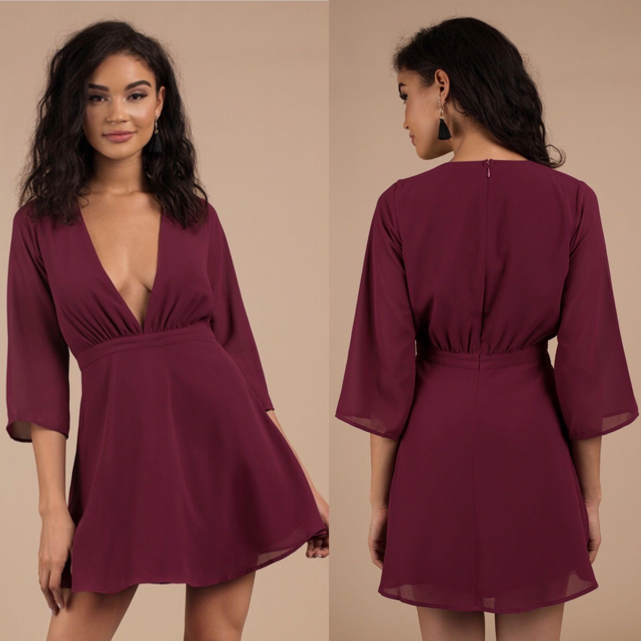 Tobi USA Maroon Burgundy wine Red Pleated Sexy Kimono Deep V neck Open front cut out fit and flare skater tea chiffon dress size XS S UK6 8
