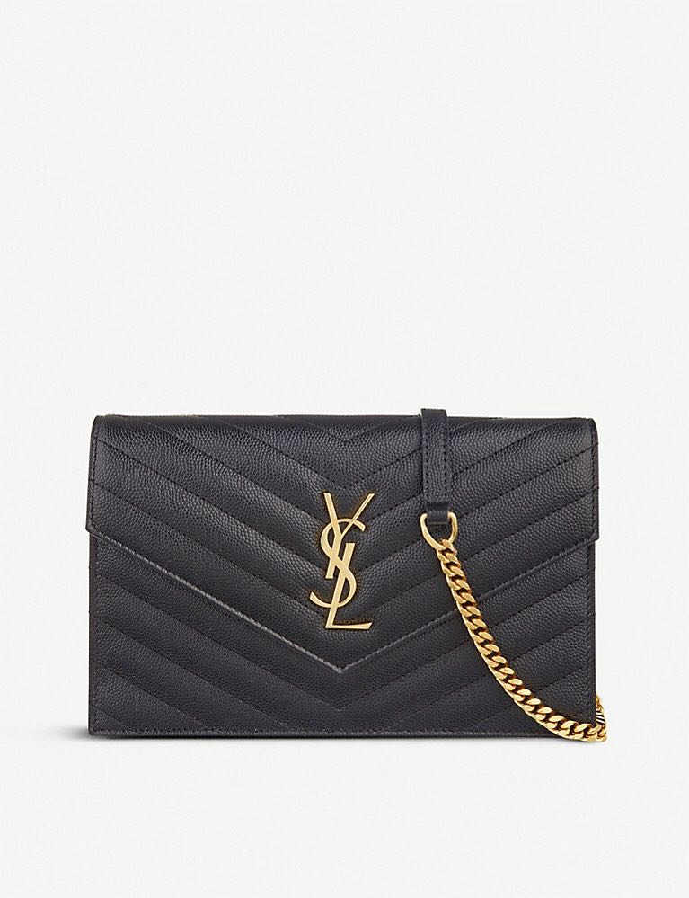 YSL wallet on chain Saint Laurent clutch bag envelop chain wallet in grain de poudre embossed leather