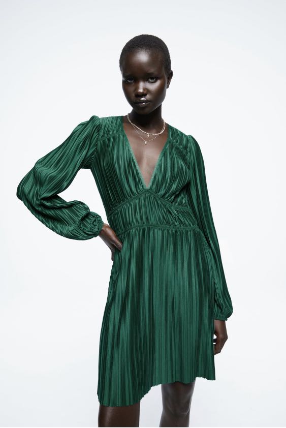 Zara green pleated dress, Women's Fashion, Dresses & Sets, Dresses on ...