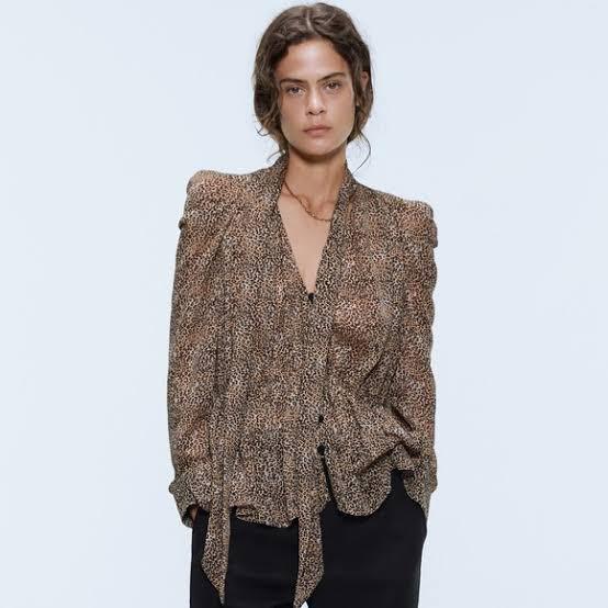 Zara Leopard bow tie blouse, Fesyen 