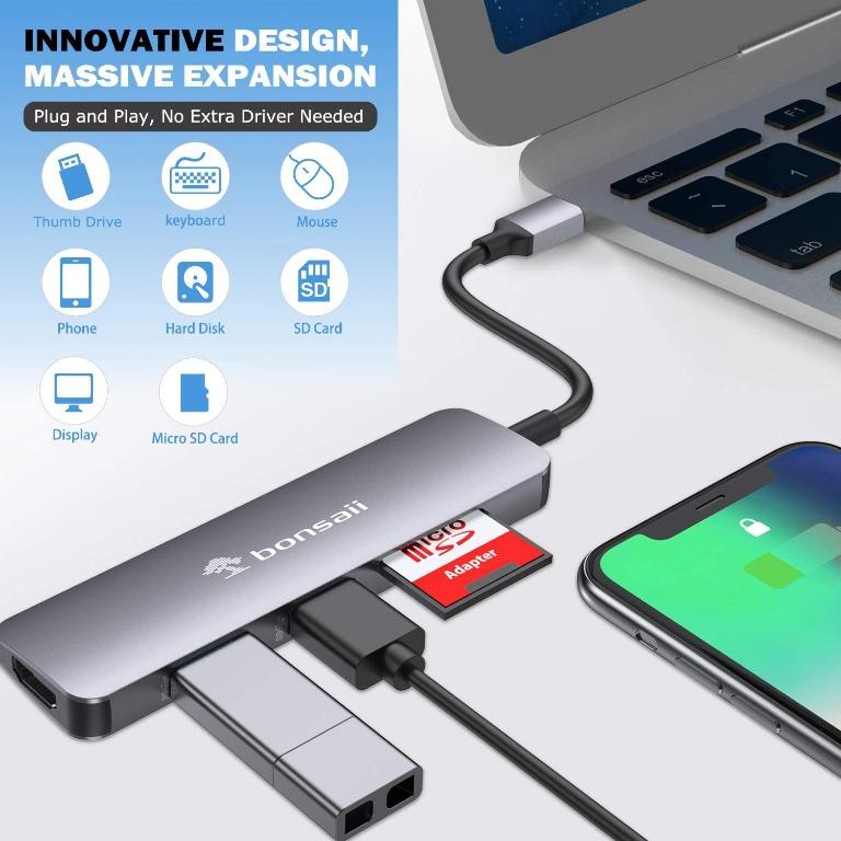 Bonsaii USB-Type C Hub 5-IN-1 Multi-Port Adapter USB 3.0/SD/TF/HDMI ...