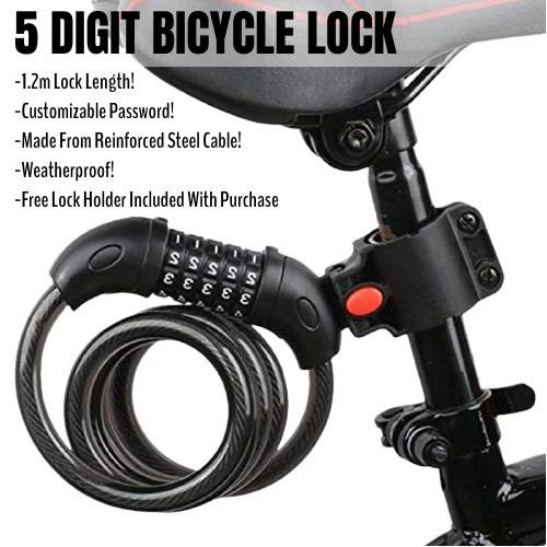4 Dial Bicycle Combination Lock Zinc Alloy Bicycle Security Lock 85cm with LED Night Light Black Bike Cable Lock