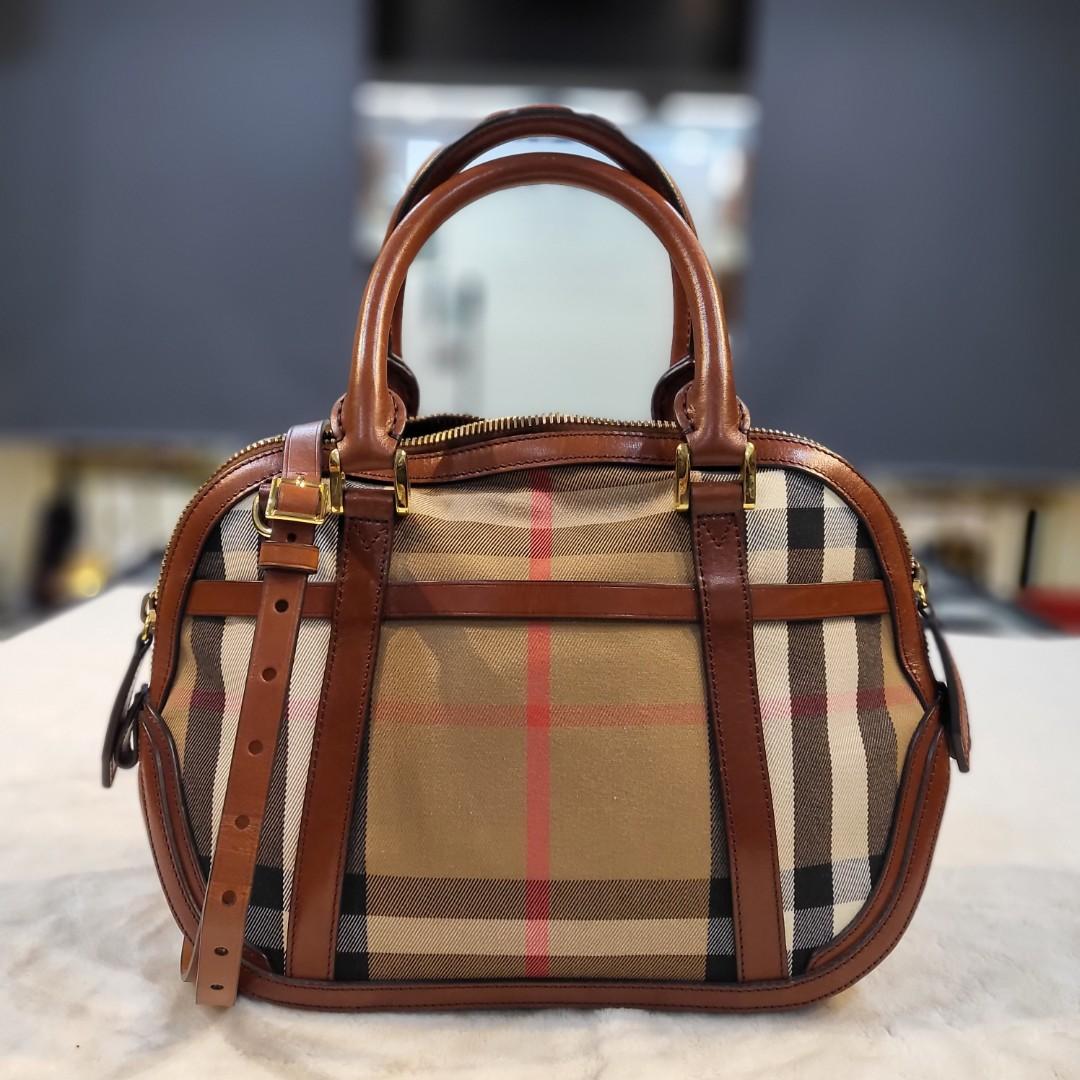 Burberry Beige/Brown Haymarket Check Nylon and Leather Small Orchard Bowler  Bag