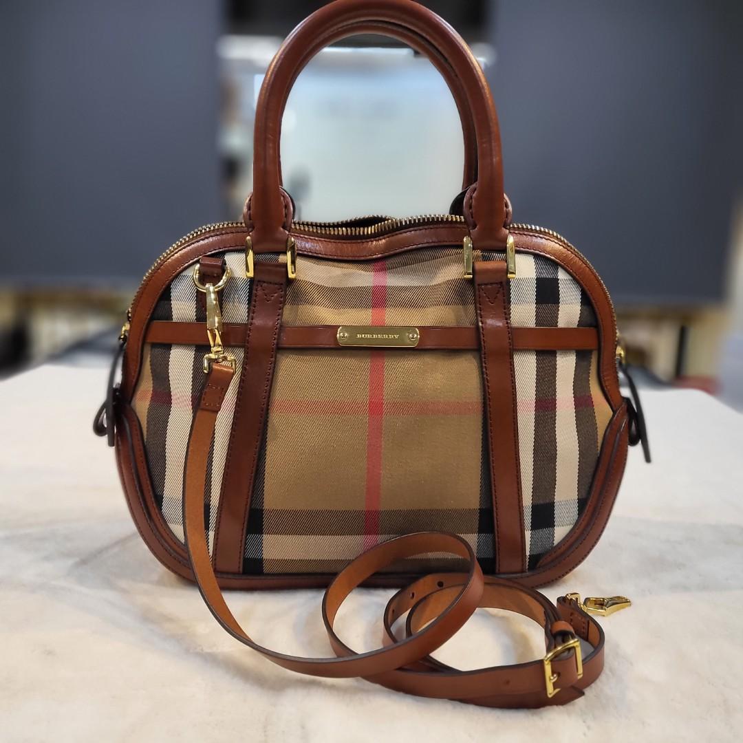 BURBERRY Bridle Calfskin House Check Small Orchard Bowling Bag Deep Claret  1190318