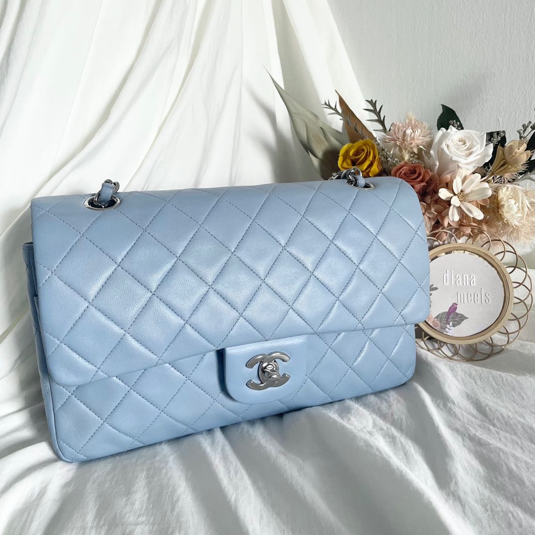 Chanel Rare 90's Vintage Quilted Light Blue Lambskin Top Handle Classic  Flap Bag