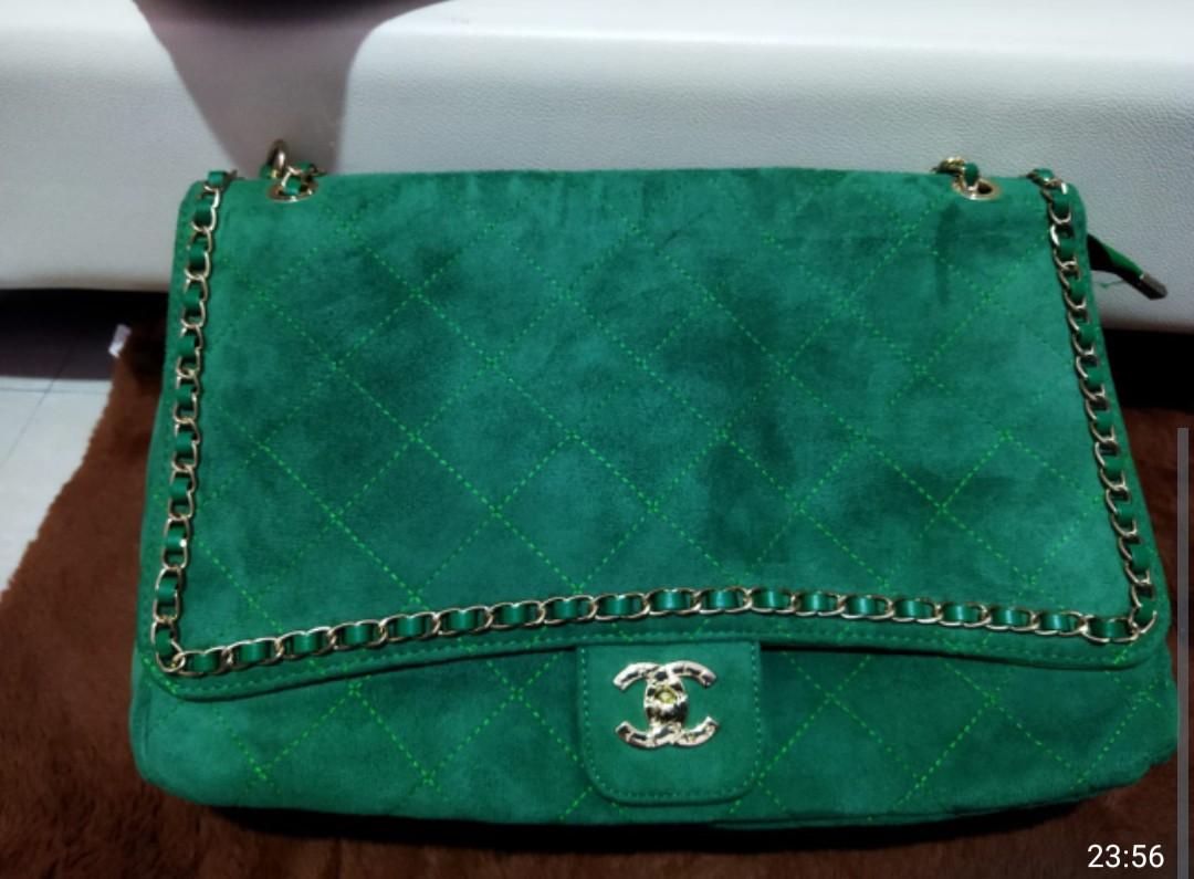 Chanel Suede Flap Bag Green, Luxury, Bags & Wallets on Carousell