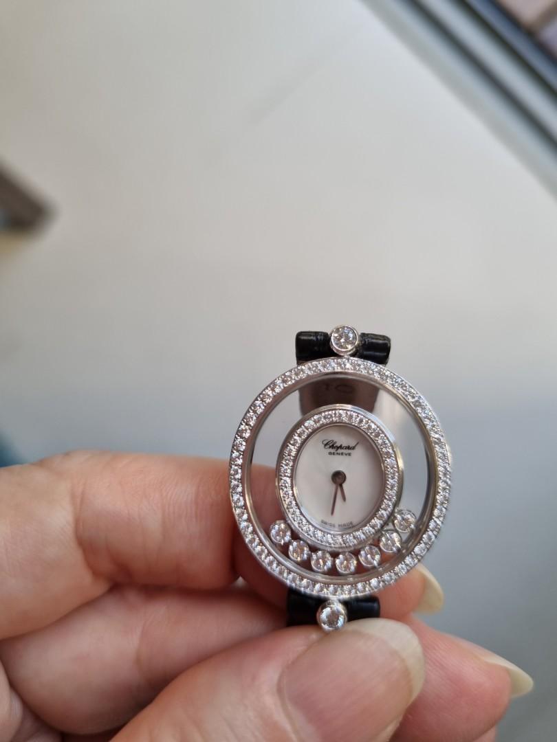 Chopard (Category: Watches) located in Singapore. Submitted by younggem_182fa3 (Listing ID 1145133879, Image 3). Description: Current valuation by Chopard is $21900. White Gold "Happy Diamond " range. 82 diam = 0.55 Ct 2 diam = 0.16 Ct FC 7 diam = 0.39 Ct FC Moving diamond. The whole movement is changed in Feb 2022. Warranty for 1 year from Feb 2022. Comes in full set..