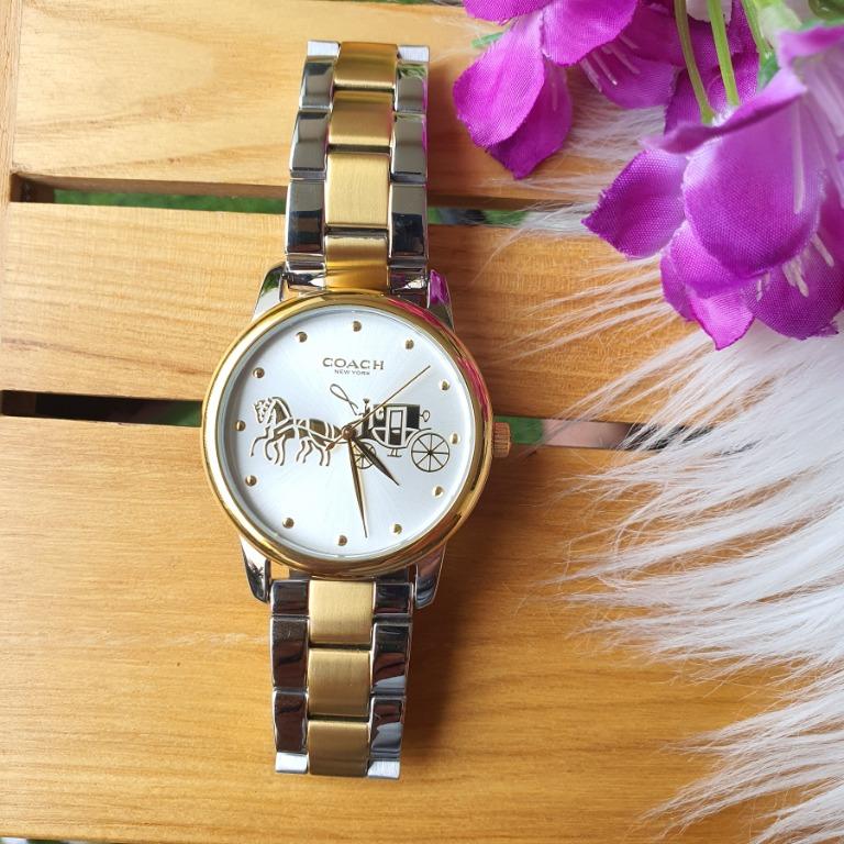 Coach Grand Quartz Three Hand with Horse and Carriage Two Tone Gold Gold Stainless Steel Bracelet 36mm Women s Watch Women s Fashion Watches Accessories Watches on Carousell