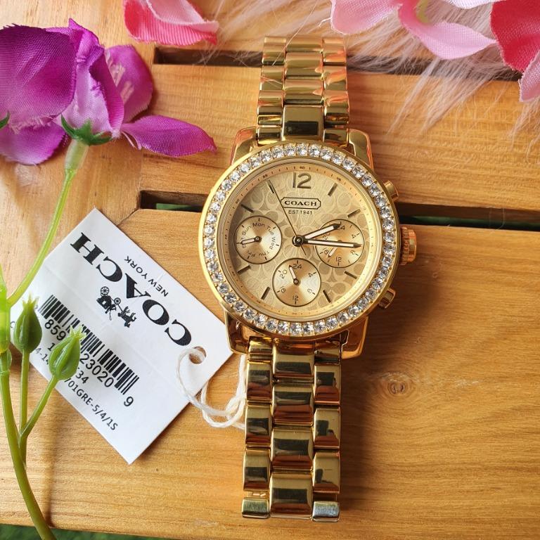 Coach Legacy Sport Chronograph Watch with Crystal Glitz Bezel Gold Tone Stainless Steel Bracelet Women s Watch With 1 Year Warranty For Mechanism Women s Fashion Watches Accessories Watches on Carouse...