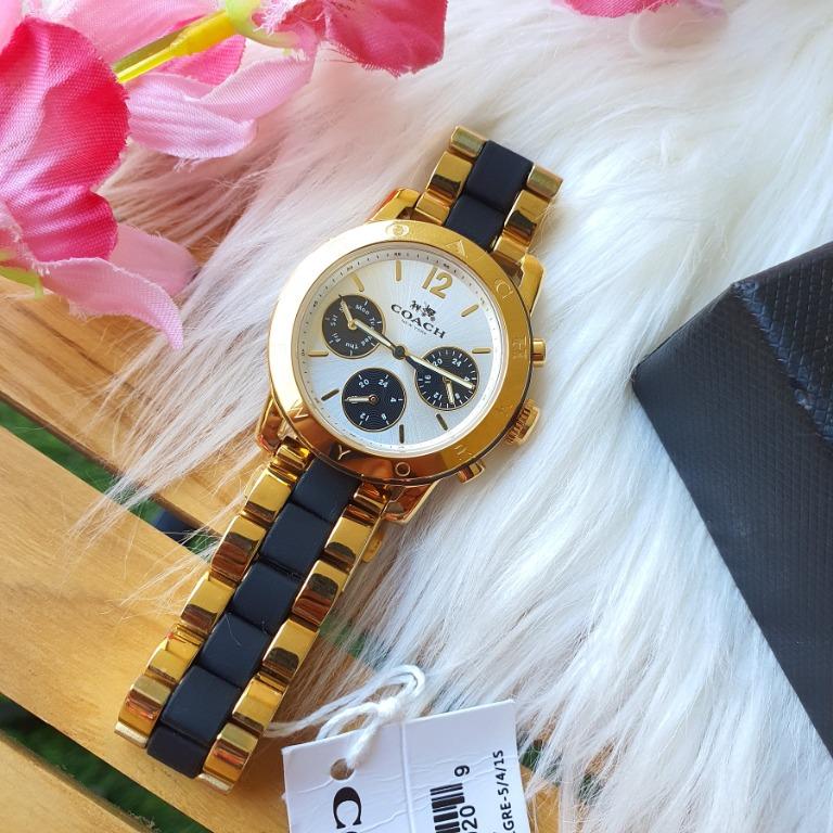 Coach Legacy Sport Multifunction Chronograph White Dial Gold Stainless Steel Watch With Black Silicone 14502535