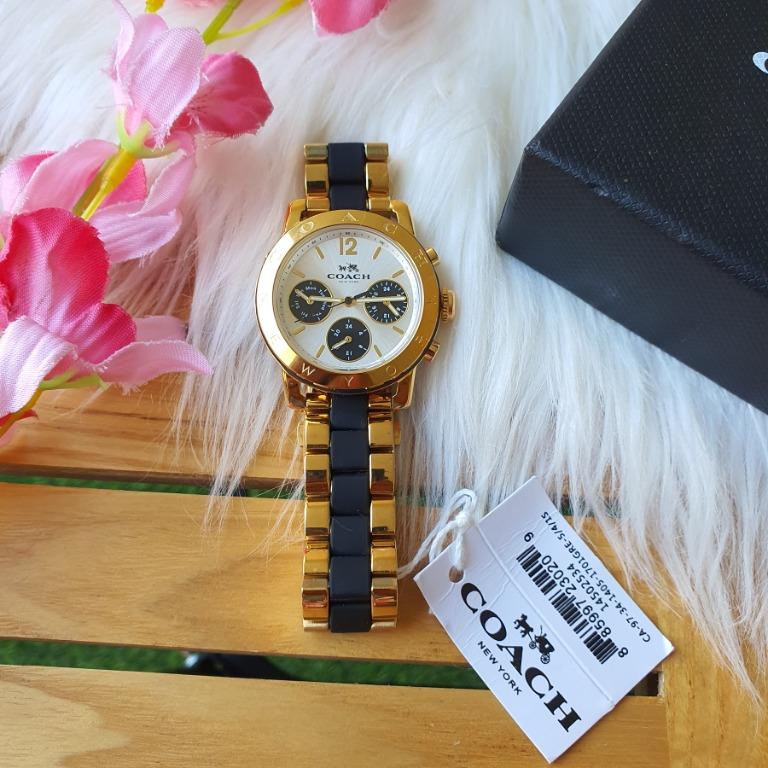 Coach Legacy Sport Multifunction Chronograph White Dial Gold Stainless Steel Watch With Black Silicone 14502535 Women s Fashion Watches Accessories Watches on Carousell