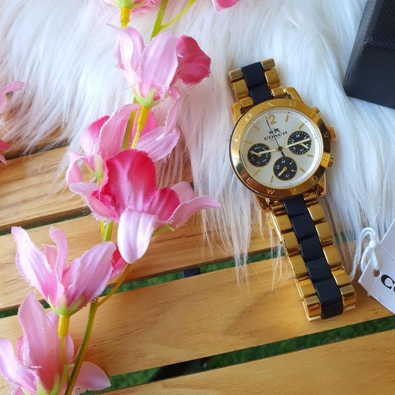 Coach Legacy Sport Multifunction Chronograph White Dial Gold Stainless Steel Watch With Black Silicone 14502535 Women s Fashion Watches Accessories Watches on Carousell