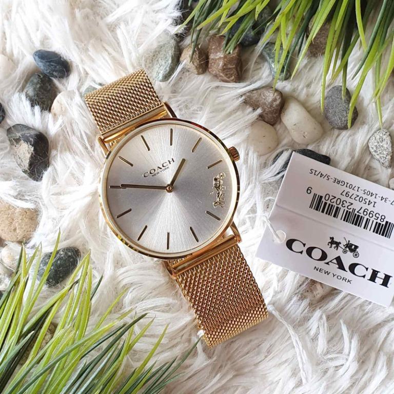Coach Three Hand Perry 36mm White Dial Mesh Bracelet Gold Women s Watch 14503125 Women s Fashion Watches Accessories Watches on Carousell