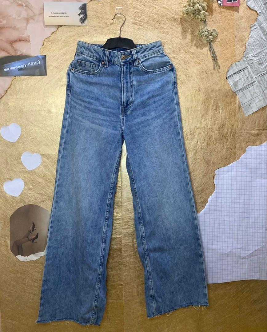 H\u0026M WIDE LEG JEANS, Fesyen Wanita, Pakaian Wanita, Bawahan di Carousell