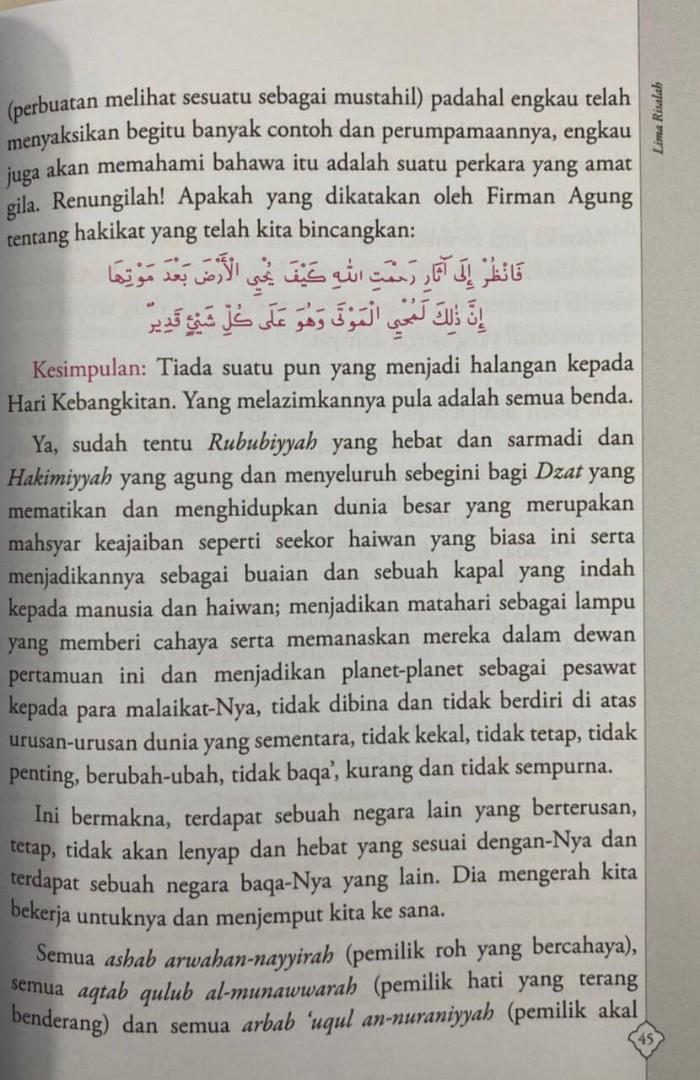 LIMA RISALAH (Category: Storybooks) located in Kuala Lumpur. Submitted by ibnusyah (Listing ID 1145165895, Image 3). Description: Lima Risalah 🔴 Sinopsis : Lima Risalah merupakan buku yang mengumpulkan risalah-risalah asas daripada koleksi Risalah An-Nur. Antara Risalah-risalah asas adalah : 1⃣ Kalimah Pertama menafsirkan kalimah Basmalah secara maknawi. 2⃣ Hujah keimanan ke-10 merupakan risalah yang menjelaskan al-imanu billah (beriman kepada A