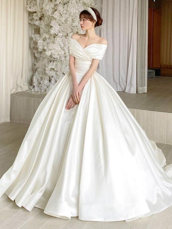 pre order fishtail white satin off shoulder wedding bridal dress