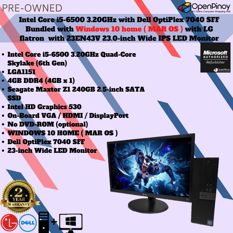 Pre-owned Intel Core i5-6500 3.20GHz with Dell OptiPlex 7040 SFF Bundled  with Windows 10 home ( MAR OS ) with 23-inch LED Monitor, Computers  Tech,  Desktops on Carousell