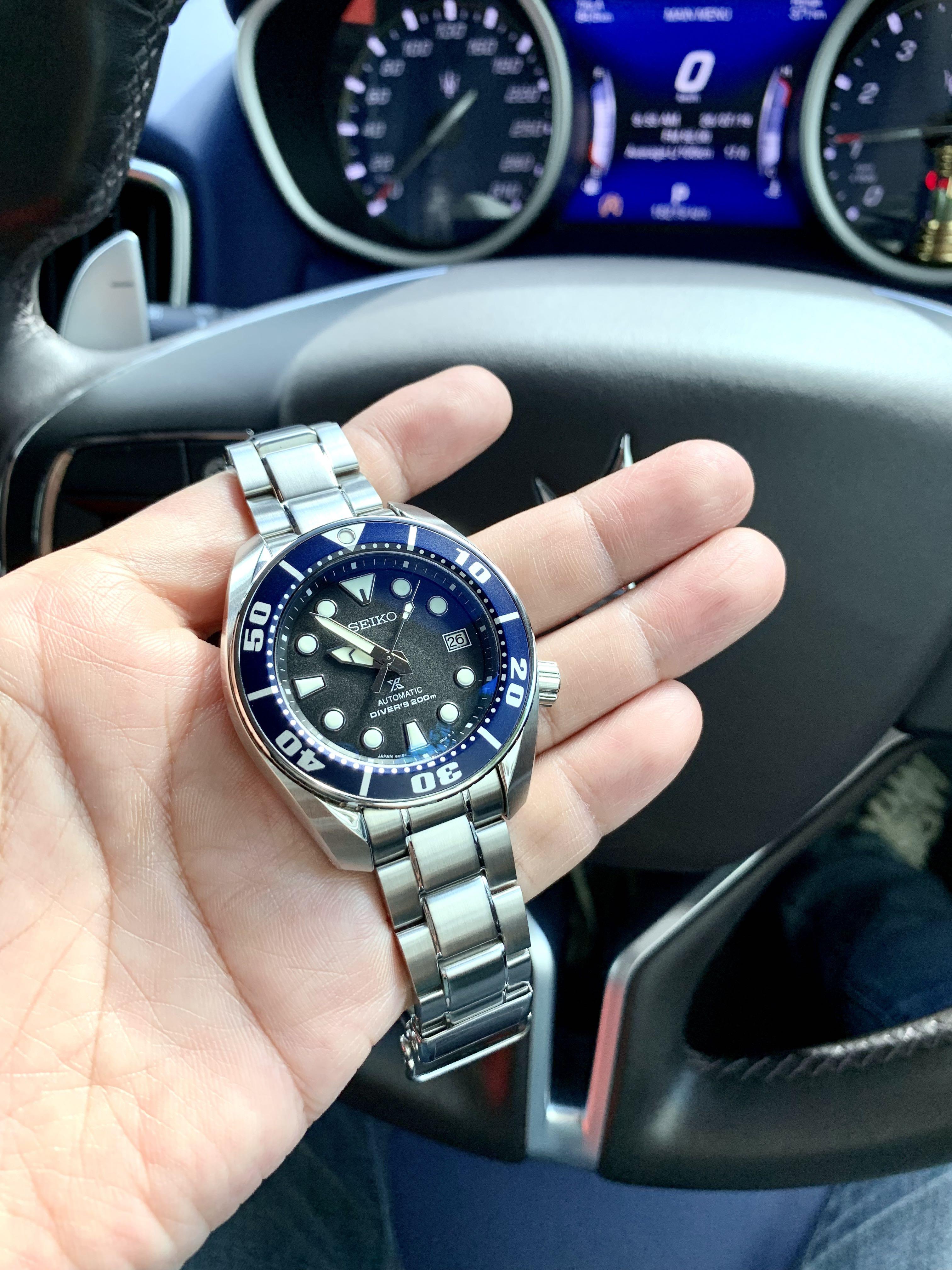 Seiko Sumo Original watch combine with SBDC033 Navy blue bezel with SBDC031  Matt Black DiaL plus Upgraded Curve sapphire crystal. (Made in Japan) (Pls  read my list details for your requirement), Men's