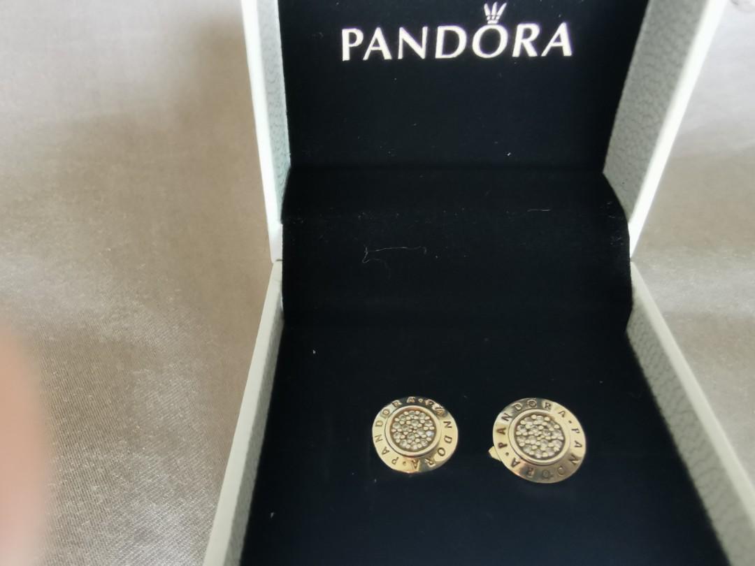 Authentic Sparkling Pandora Signature Logo Stud Earrings Gold