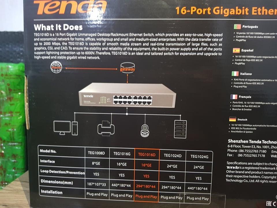 Switch Di Rete Lan Gigabit Tenda Con 16 Porte Ethernet Poe Af E Due Porte Sfp Potenza 250w