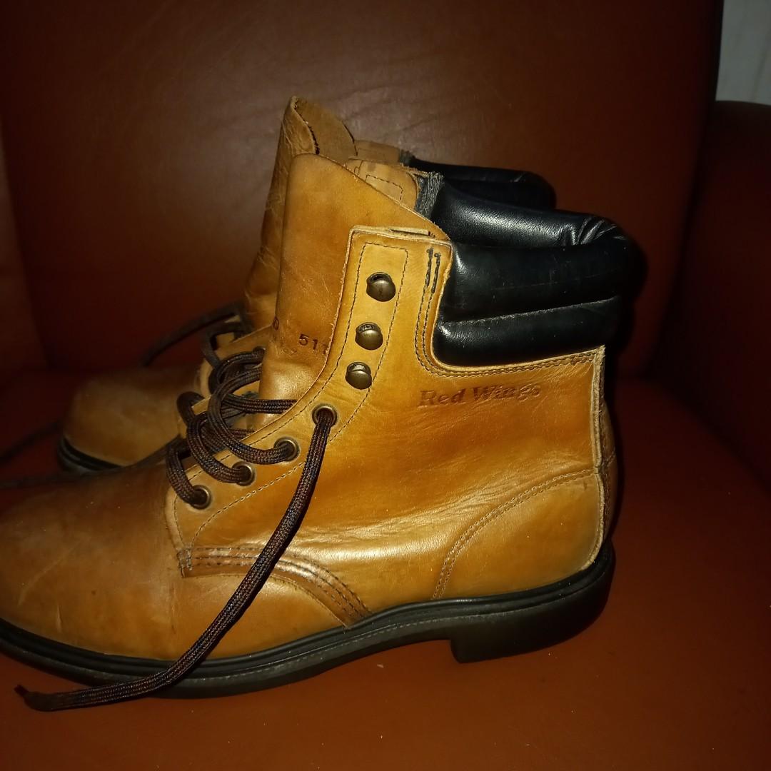 Authentic Red Wings Brown Leather Boots size 8.5 (Category: Boots) located in Marikina City. Submitted by vc_thingsetc. (Listing ID 1145404573, Image 2). Description: This was used less than 10x. It is sturdy and can function as a safety shoes. Although one tongue is wrinkled, it is hardly noticeable when the shoelace is tied..