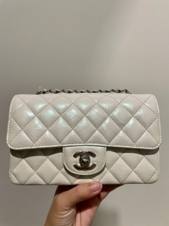 Chanel rectangle mini flap bag. pearl white iridescent, Luxury