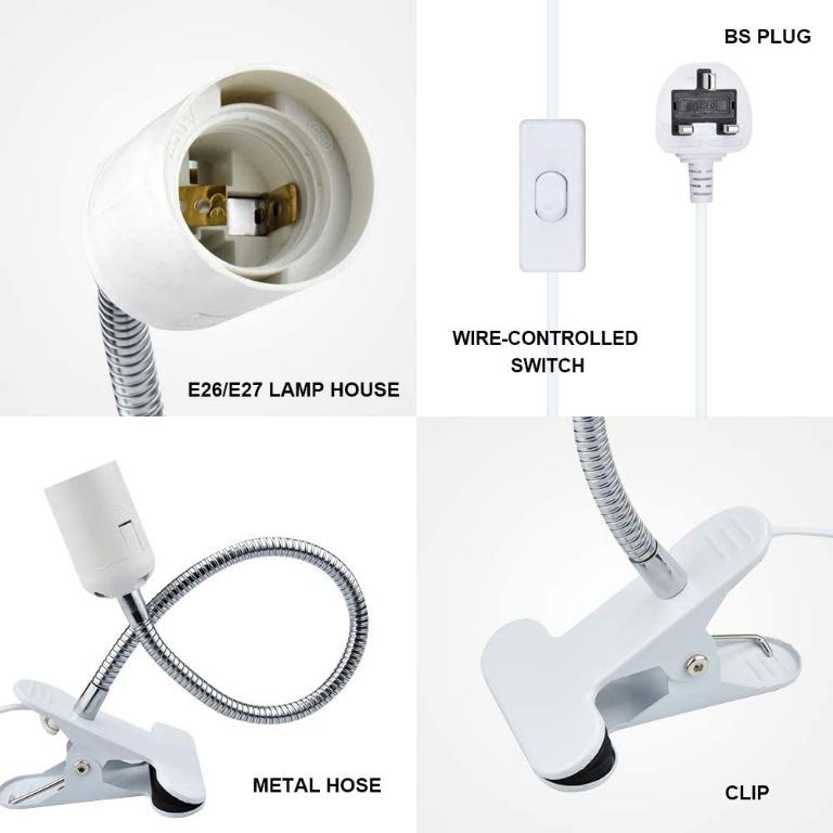Clip On Bulb Holder E27 with On/Off Switch UK Plug 360 Degrees Flexible