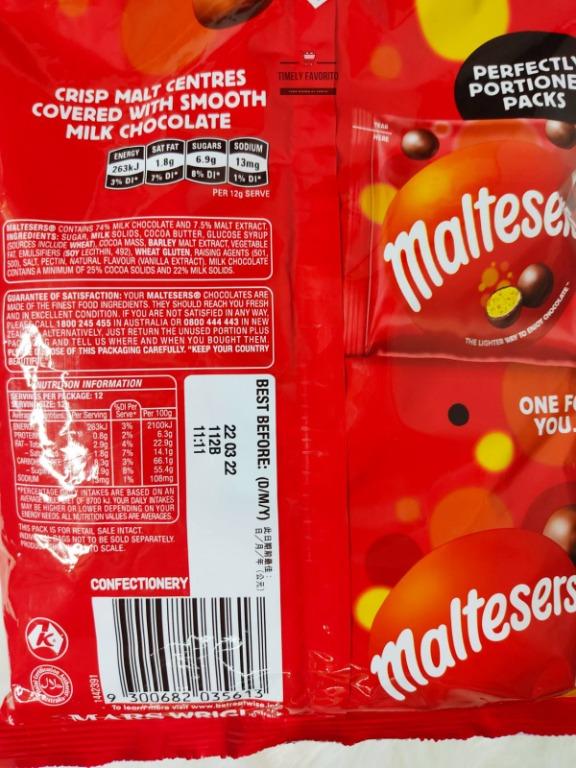 Maltesers Fun Size 144g (Category: Packaged & Instant Food) located in Pasay City. Submitted by timelyfavorito1 (Listing ID 1145374600, Image 3). Description: Expiration date: 11/22/2022 Crisp malt centers covered with a chock-full of smooth chocolate, Maltesers are a fun way to treat yourself with that chocolate craving. Pop one, two, or the whole pack in a sitting and you'll definitely still grab for more. You can also share it with someone. "O