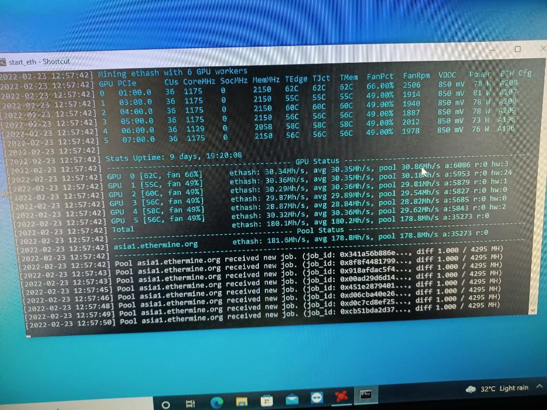Mining crypto (Category: Computer Parts) located in Puchong. Submitted by wish_online (Listing ID 1145267811, Image 2). Description: Nice stable system 180mhs hast rate current running window but you can convert to Hiveos 2 power supply, 2.2kW means u can upgrade higher performance GPU.