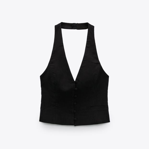Zara Halter Neck Waistcoat Linen Blend Black, Women's Fashion, Coats