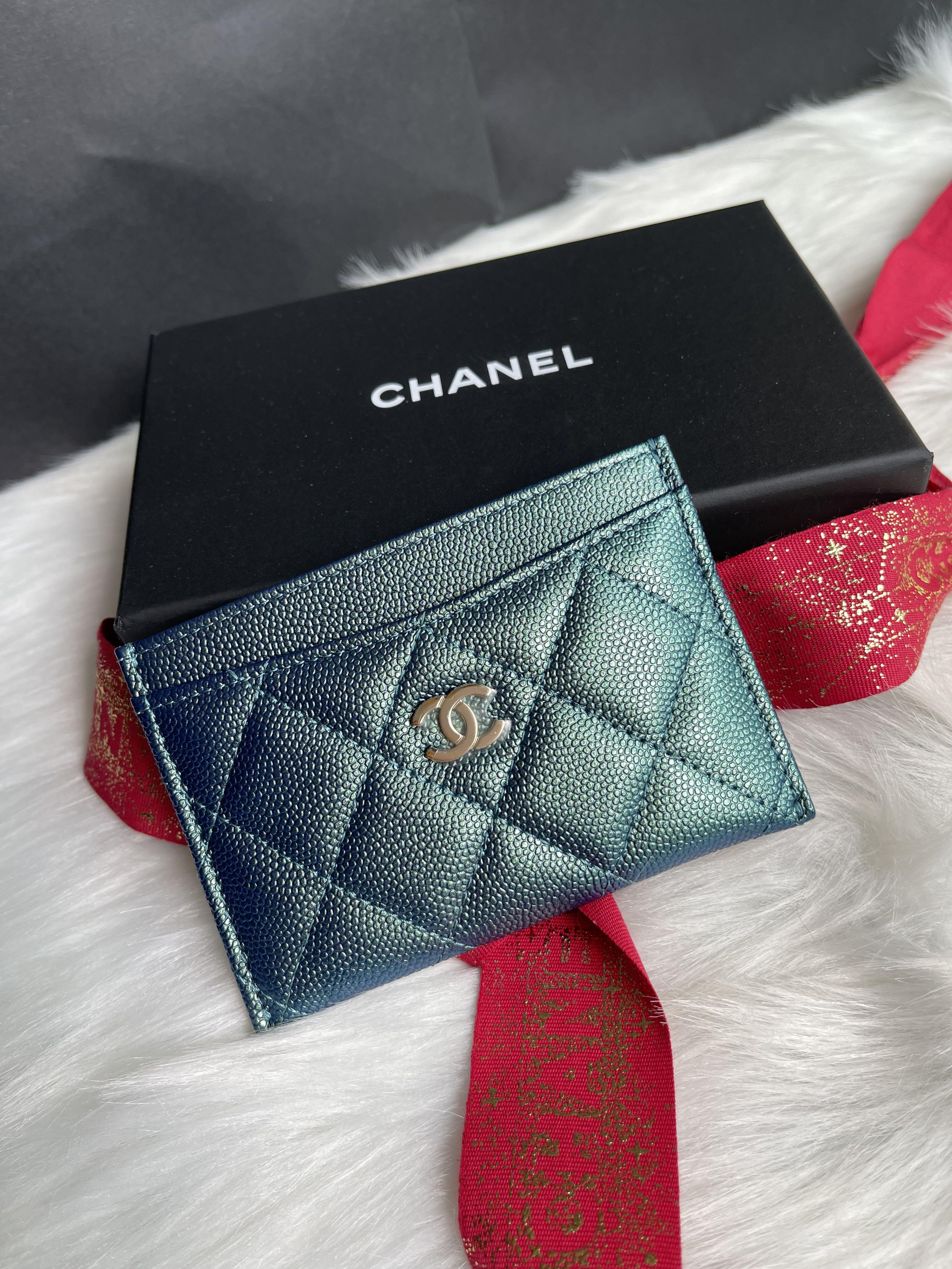 22P Iridescent green Chanel Card Holder, Luxury, Bags & Wallets on