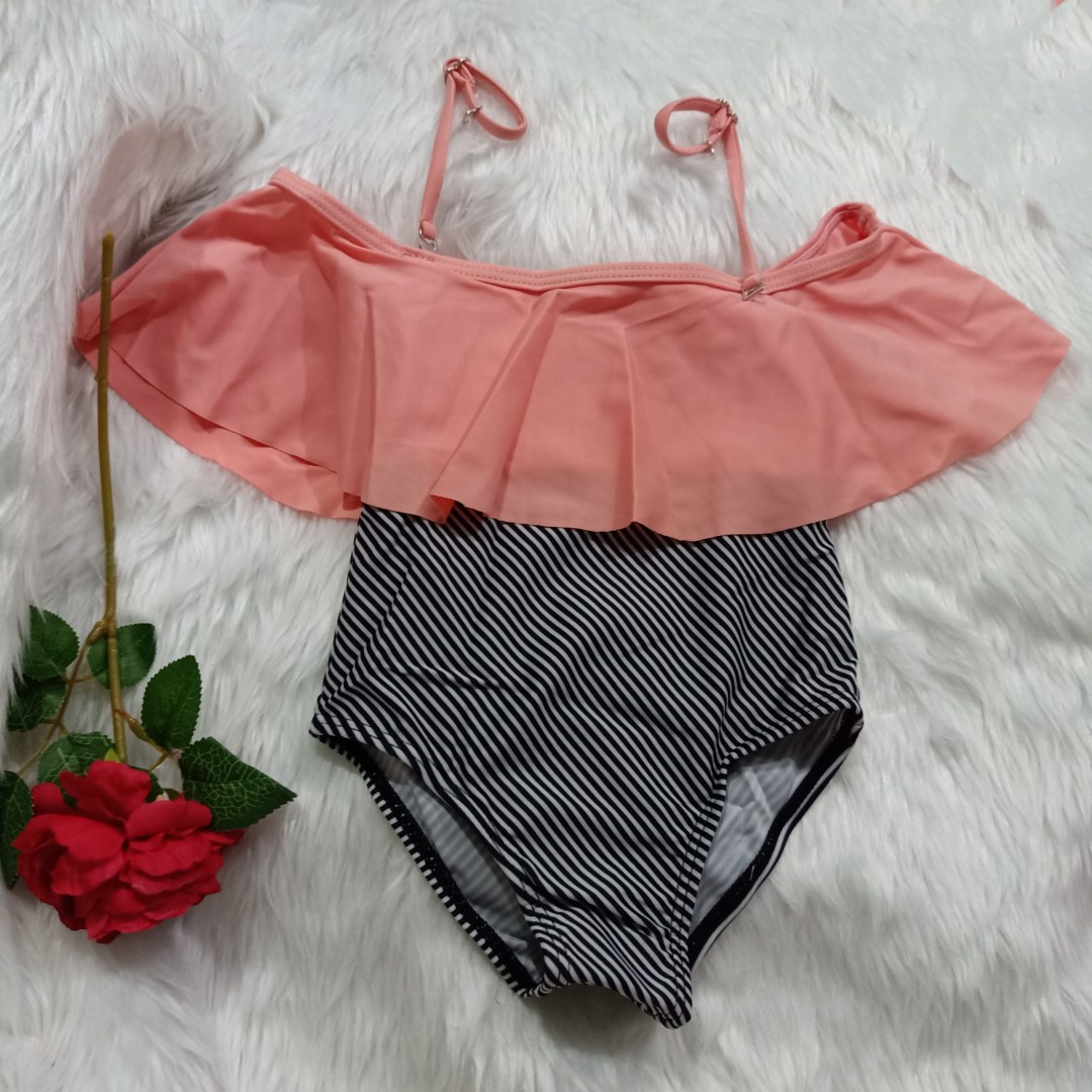 BRAND NEW ONE PIECE OFF SHOULDER PIEACH STRIPE GIRLS KIDS SWIMSUIT 2 TO 