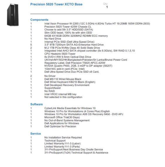 Dell Precision 5820 Tower XCTO Base with 40 TB, Computers & Tech