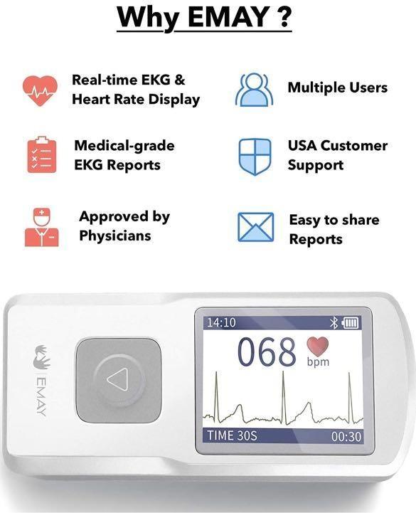 Moniteur ECG Portable EMAY EMG20 - Connecté Par Bluetooth à Smartphone/PC - Pour Suivi Cardiaque à Domicile