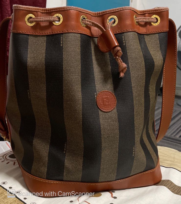 FENDI Penguin Striped Leather 1925 Roma Italy Tote XL Bucket Bag Vintage Handbag