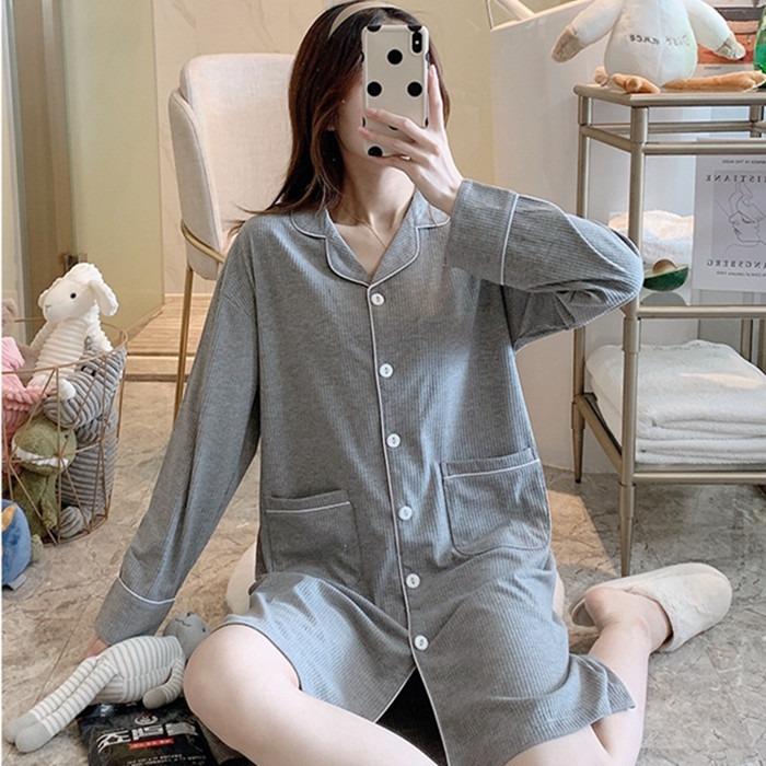 Grey) Boyfriend Style Comfortable Cotton Night Shirt women/sleepwear/pajamas/feminine/cooling/soft/thin/silk/sleeve,  Women's Fashion, New Undergarments & Loungewear on Carousell