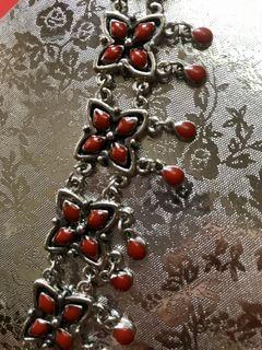 KS150BL 43 Silver Toned Vintage Bracelet, Linked Butterflies with Red Stones and Dangling Teardrops Design, Fashion Accessory