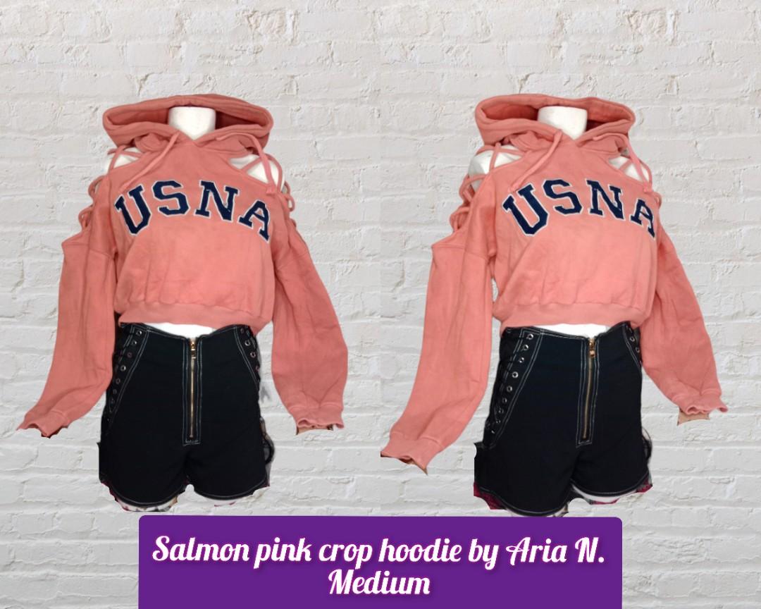 Salmon Pink crop hoodie (Category: Coats, Jackets and Outerwear) located in Baguio. Submitted by chloevalor (Listing ID 1145580888, Image 1). Description: upcycled and redesigned by Aria N. small to medium.