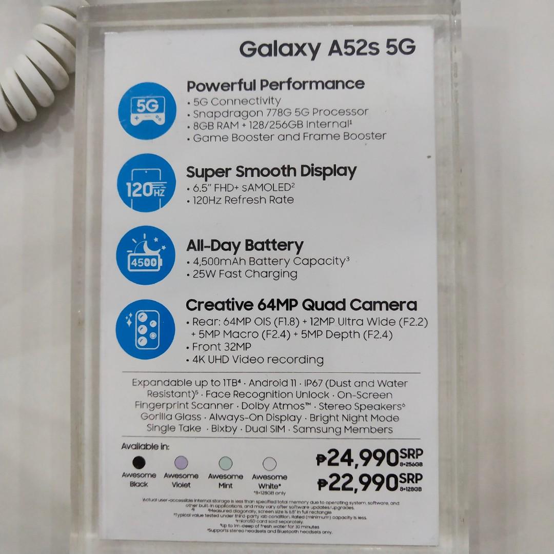 Samsung Galaxy A52s 5G (Category: Samsung) located in Marikina City. Submitted by sodonewlyf (Listing ID 1145564477, Image 2). Description: Slightly used. Just my extra phone. I mainly use my iPhone and im not used with the Android UI. Slightly an impulse purchase huhu. I tried using it for Genshin, it can do highest settings and doesnt heat kahit 1hr. Gaming specs is absolutely great. Front n back cam are amazing too. RFS: Need extra cash cos my
