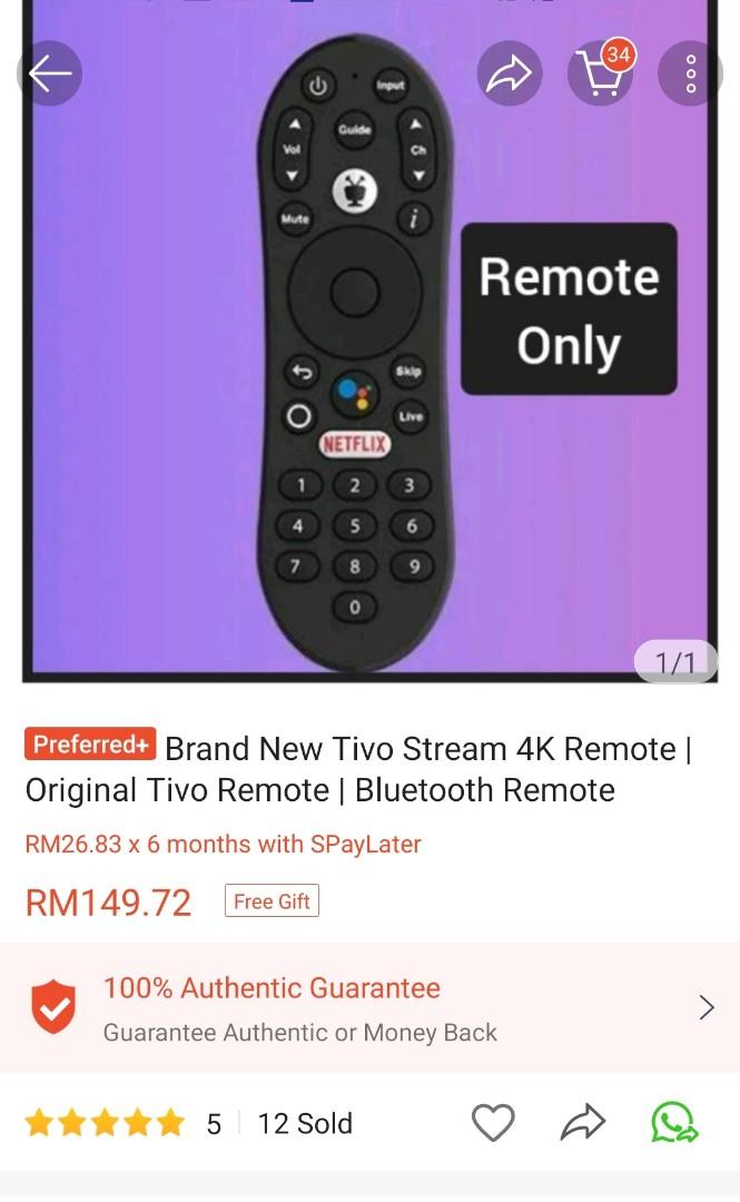 Tivo stream 4k remote control original, TV & Home Appliances, TV