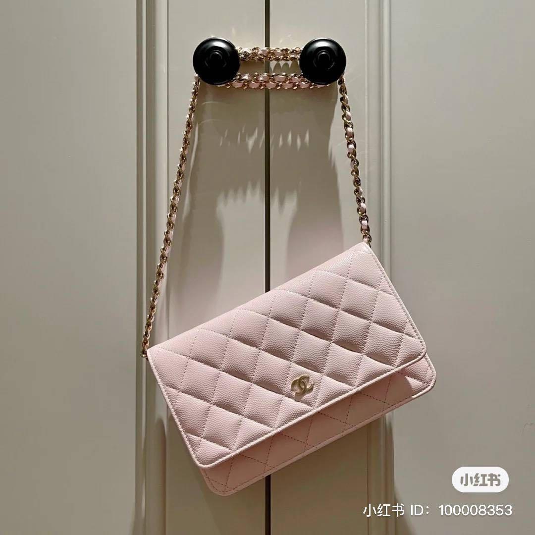 22P Chanel Classic WOC Wallet on Chain Pink LGHW Caviar