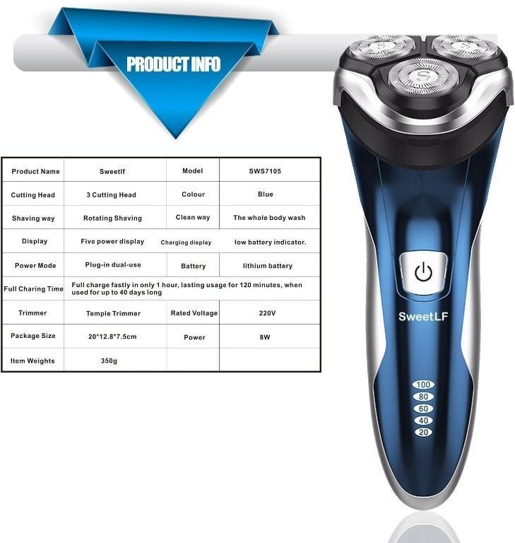 ???? ???????????????? ????????????????????????????????!) SweetLF 3D Rechargeable 100% Waterproof IPX7 Electric  Shaver Wet  Dry Rotary Shavers for Men Electric Shaving Razors with Pop-up  Trimmer, Blue, Beauty  Personal Care, Men's Grooming on