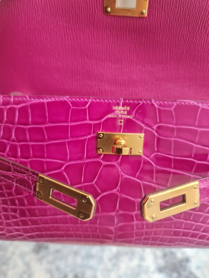 INSTOCK] Hermes Croc Kelly Pochette Rose Sheherazade in Shiny Alligator  GHW, Luxury, Bags & Wallets on Carousell