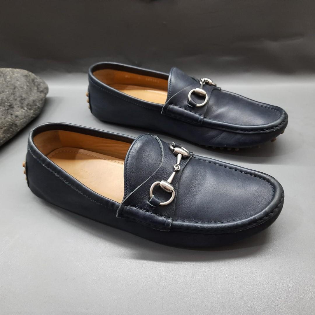 GUCCI Loafers Jordaan Leather Navy Blue Size Fesyen Pria