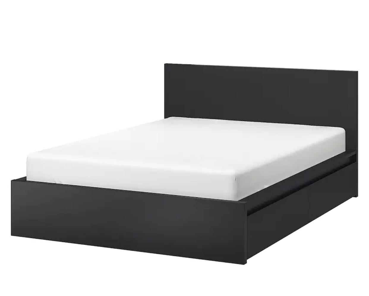 IKEA queen storage bed with mattress and side table, Furniture & Home