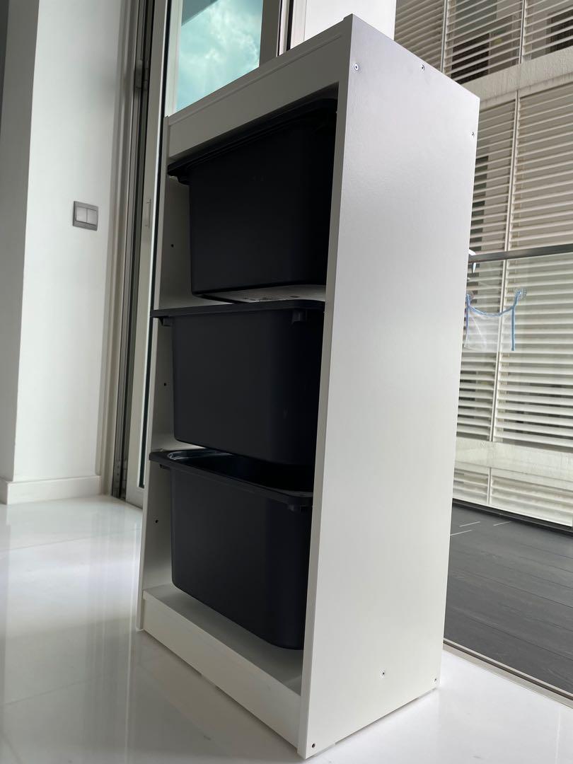 IKEA white TROFAST shelves. With 3 black bins, Furniture & Home Living